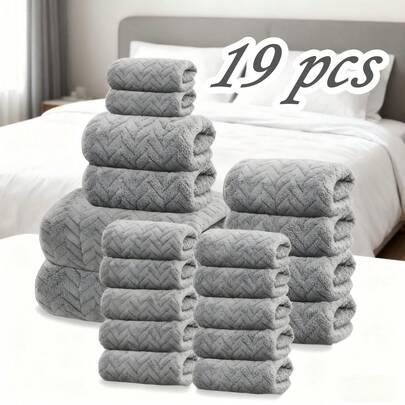 19-Piece Purple Pink/Bean Green/Dark Gray Cotton Towel Set (11 Washcloths + 6 Hand Towels + 2 Bath Towels) - Ultra Soft Absorbent, Quick Dry For Bathroom, Hotel & Home Essentials