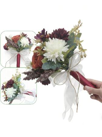 秋季色调新娘捧花 - 玫瑰菊花人造花束，优雅装饰，适用于婚礼、宴会和各种季节性场合