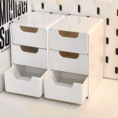 1pc Classic White Plastic Stacking Storage Drawer Set For Office Supplies, Jewelry, Cosmetics - Space-Saving Desk Organizer For School And Dorms