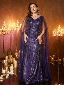 UNITHORSE Plus Đầm dạ hội Maxi bó sát, cổ chữ V, tay bồng, đính sequin, vải lưới, cắt ngẫu nhiên, dành cho nữ [Cắt ngẫu nhiên] - Màu tím - Xem 3