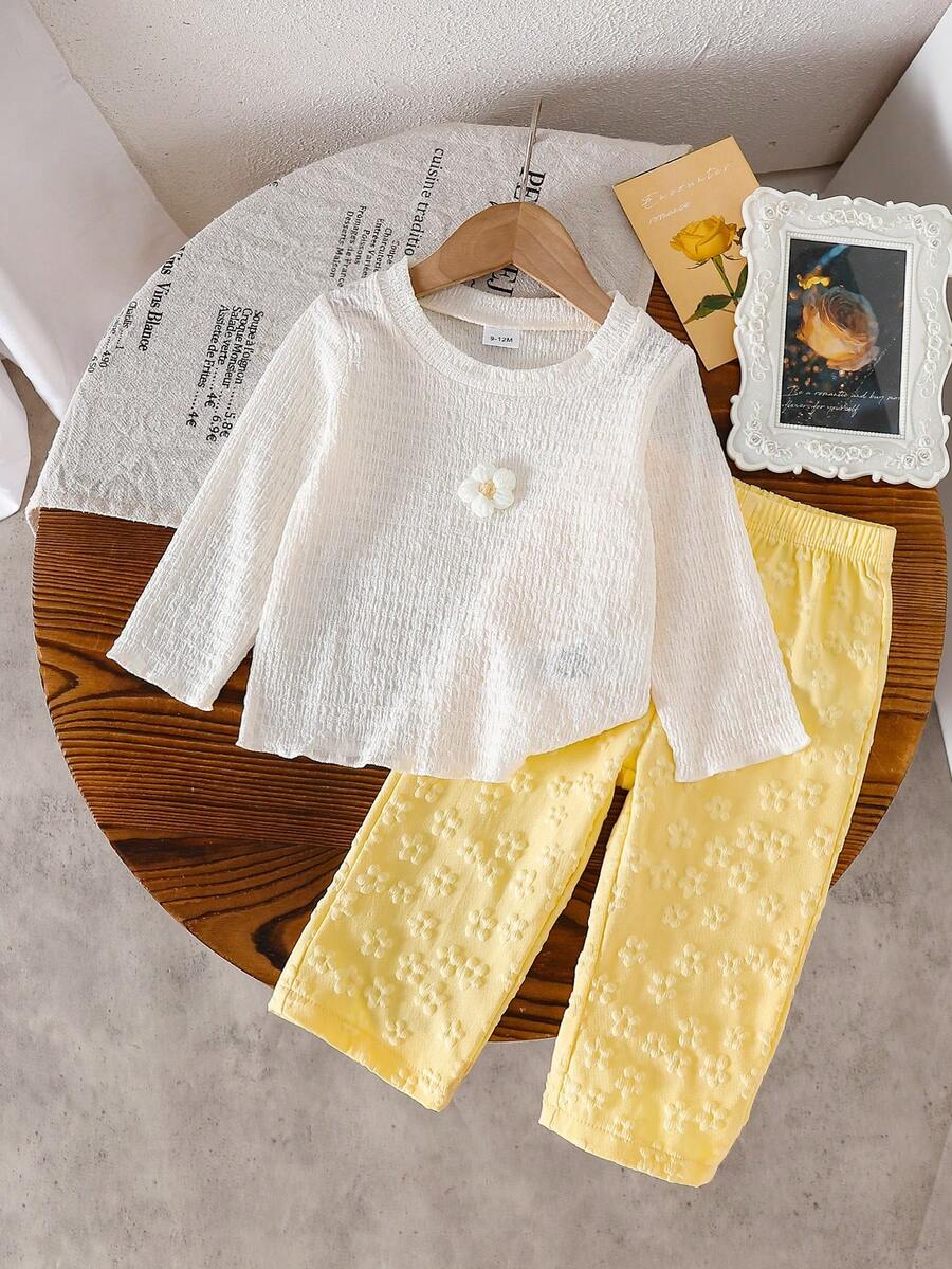 2pcs Set Baby Girls Floral 3D Embroidery Long Sleeve T-Shirt & Flower Jacquard Pants, Sweet & Chic Style, Casual & Versatile - Yellow - View 1