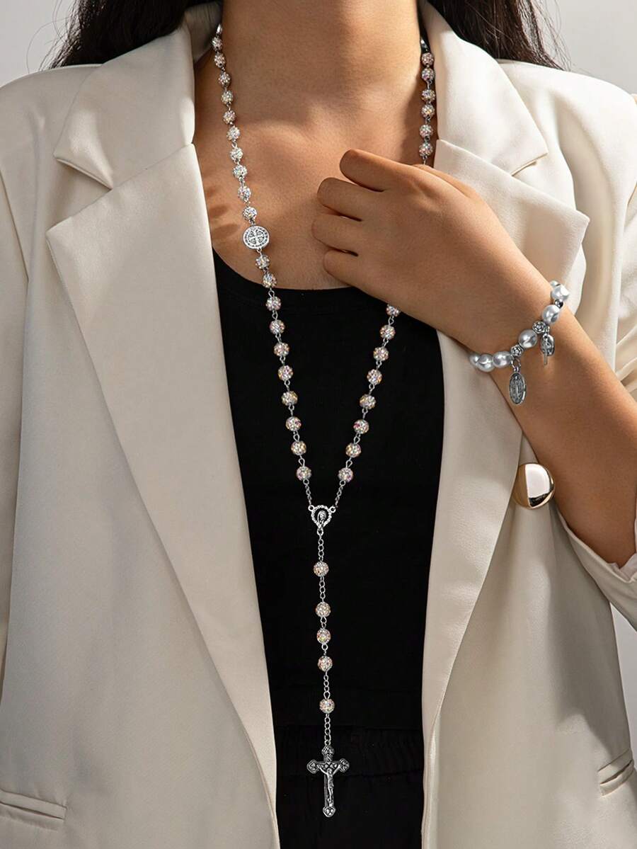2件套优雅十字架吊坠串珠项链和手链套装，适合女性日常佩戴、参加派对、生日、节日礼物
