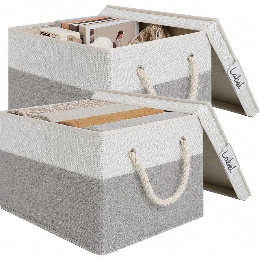 LoforHoney Home Fabric Storage Bins With Lids For Organizing Foldable Closet Storage Boxes For Shelves Clothes Baskets With Cotton Rope Handles  Beige And Gray 2Pack - Beige/Gray - View 1