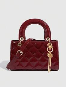 1个PU皮革包，横款酒红色女士手提包，百搭新款夏季漆面绗缝托特包，结构化小包，时尚单肩斜挎包，几何图案钱包，情人节礼物