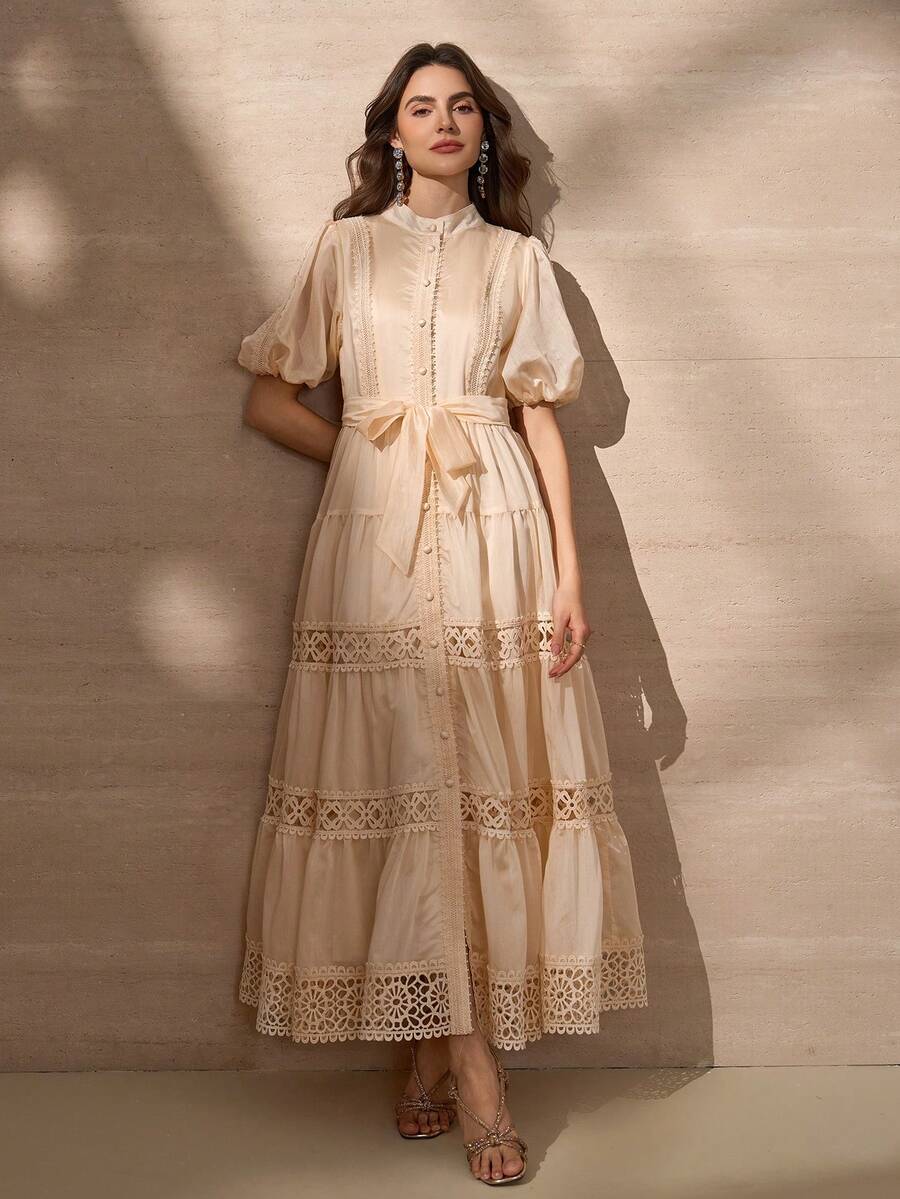 Elegant Bohemian Vintage A-Line Dress, Stand Collar Short Puff Sleeves, Layered Skirt Detail Design - Apricot - View 1