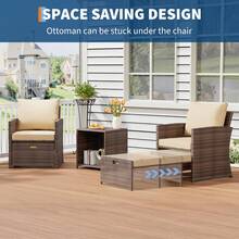 Conjunto de 5 piezas para patio con respaldo alto, 2 otomanas y mesa, sillones de ratán PE para todo tipo de clima con cojines suaves, perfectos para relajarse en el balcón, el porche, el jardín y junto a la piscina. - Marrón - Ver 1