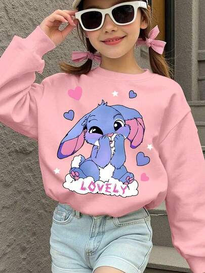 1PC Girl Rabbit - Element Crew Neck Sweatshirt, Comfortable And Warm, Spring & Autumn School Activity & Personalized Style