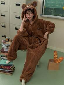 1pc Women Flannel Pajamas, Cartoon Design, Cold-Resistant Homewear