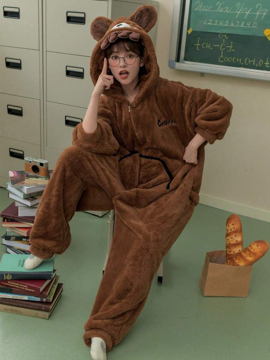 1pc Women Flannel Pajamas, Cartoon Design, Cold-Resistant Homewear