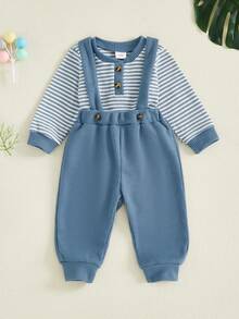 Conjuntos de 2 piezas para bebés varones, mono de rayas con cuello redondo y manga larga, pantalones con tirantes - Azul - Ver 3