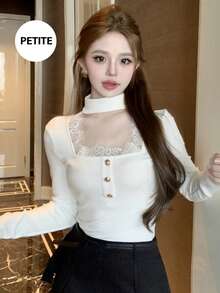 Soulscape 法式优雅黑色蕾丝长袖T恤，女士高端叠穿上衣，春季款 - 白色 - 查看 4