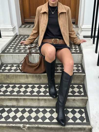 Autumn/Winter Polo Collar Zip-Up Cardigan Jacket, Faux Suede Fabric, Solid Color, Pockets, Zipper, Casual