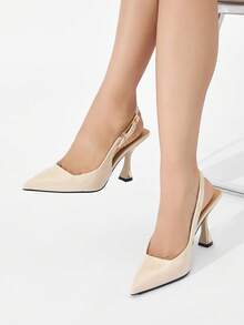 Women's Closed Toe Metal Buckle Decor Solid Color Pointed Toe High Heel Shoes, Slip-On Mule Pumps, Elegant For Party, Date, Work, Formal Occasions, Suitable For Autumn/Winter, Beige,Mothers Day Gift - Beige - View 3
