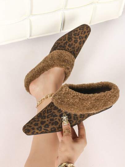Women's Leopard Print Faux Fur Trim Pointed Toe Slip-On Flat Mules, Comfortable Daily Wear, Casual, Work, Commute, Suitable For Autumn/Winter, Brown