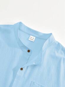Men's Solid Color Linen Button-Up Long Sleeve Mandarin Collar Shirt And Pants, Vacation Casual Husband 2-Piece Set - 淺藍色 - 查看 4