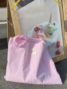 Retro Pink & White Striped Canvas Tote Bag With Matching Zipper Pouch, Women's Large Capacity Striped Canvas Handbag - Travel Shopping Fashion Shoulder Bag, Bright Pink & White Stripes, Spacious, Multifunctional, Washable - Unsealed, Casual Daily Tote, Valentine's Day Gift, Christmas Gift, Birthday Gift - 彩色 - 查看 8