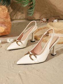 9cm Pointed Toe Elegant Stiletto High Heels, Slingback Leather-Look PU Pumps With Metal Decor, Suitable For Daily, Party, Wedding, Christmas, Prom, Office Formal Occasions,Mothers Day Gift - White - View 5