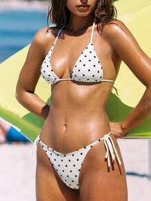 Bộ bikini hai mảnh gợi cảm kiểu Âu và Mỹ dành cho kỳ nghỉ hè trên bãi biển năm 2026, chất liệu polyester, màu trắng chấm bi đen, kiểu buộc dây cổ và quần bơi buộc dây bên hông. - Nhiều màu - Xem 2