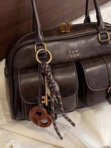 Classic Solid-Color PU Waterproof Fabric, Lettering Pattern Embellishment, Multi-Pocket Design. Shell Bag, Shoulder Bag, And Underarm Bag With Charm Accents. Ideal For Travel Shopping, Commuting To Work, Parties And Dates, And New Year's Outfits. - Cà phê nâu - Xem 5