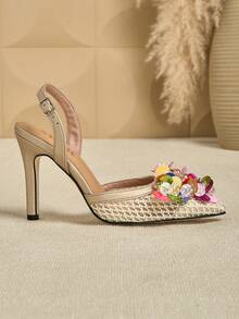 SVRM Giày cao gót mũi nhọn đính pha lê lấp lánh cho nữ, giày dự tiệc hở gót lưới - Rượu sâm banh - Xem 6