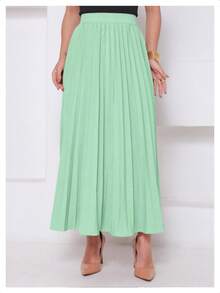 LXC Women's Pleated Skirt, Women's Vintage Midi Skirt, Elegant High-Waisted Long Skirt, Simple, Casual, Pleated, Office, Wedding - 薄荷綠 - 查看 1