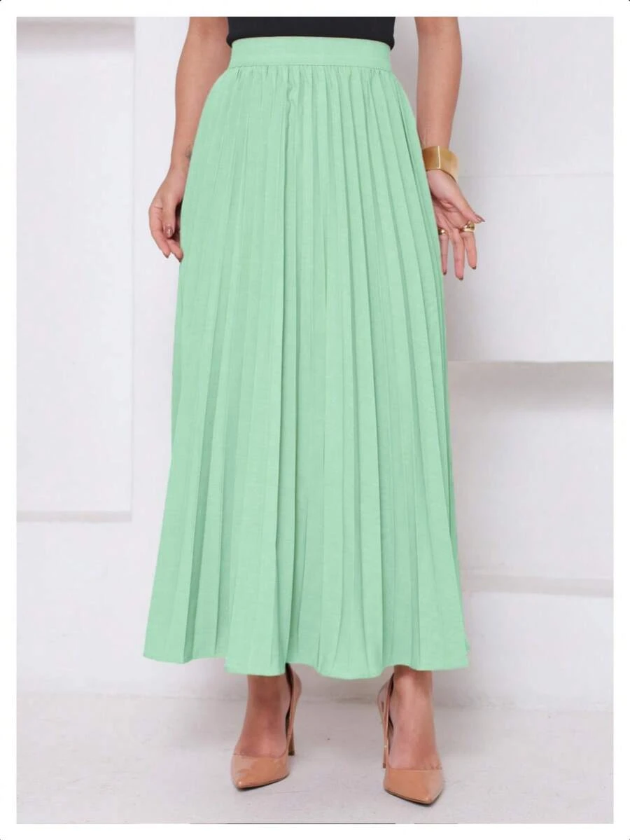 LXC Women's Pleated Skirt, Women's Vintage Midi Skirt, Elegant High-Waisted Long Skirt, Simple, Casual, Pleated, Office, Wedding - 薄荷綠 - 查看 1