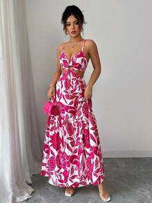 Women's Long Printed Dress With Side Cutouts And Front Ring, Elegant Look - Màu Hồng Tươi - Xem 6