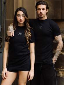 Slim Fit Ribbed T-Shirt, Black Circle Style, American Streetwear Fitted, Ribbed Knit - Black - View 3