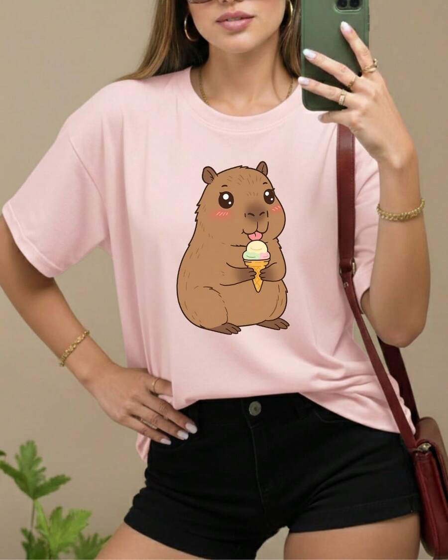 Women's T-Shirt 100% Cotton Cute Capybara Print Eating Ice Cream Short Sleeve Crew Neck T-Shirt Cute Casual Comfortable And Stylish Baby Pink - 淺粉色 - 查看 1
