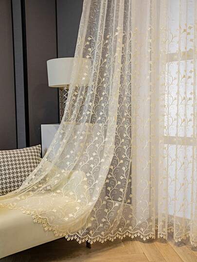 1pc Elegant Embroidered Leaf Sheer Curtain, Classic French Style, Rod Pocket Design, Suitable For Bedroom And Living Room, Transparent And Light Filtering Curtain
