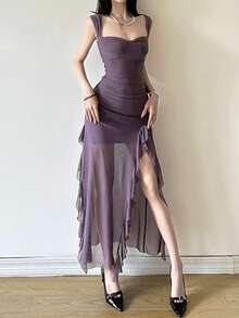 YeonC性感露背紧身连衣裙，荷叶边下摆和开衩设计 - 紫色 - 查看 1
