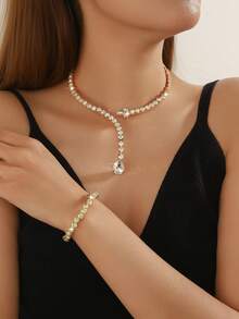 Bộ trang sức 2 món: Vòng cổ và vòng tay đính đá Rhinestone, Vòng cổ xích đính đá Rhinestone thời trang dành cho nữ - trắng - Xem 3