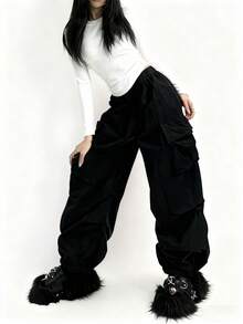 1 chiếc quần cargo nữ dáng rộng có túi nắp và dây rút bên hông, quần dài màu trơn phong cách thường ngày, thích hợp cho mùa xuân, hè, thu và đông. - màu đen - Xem 6