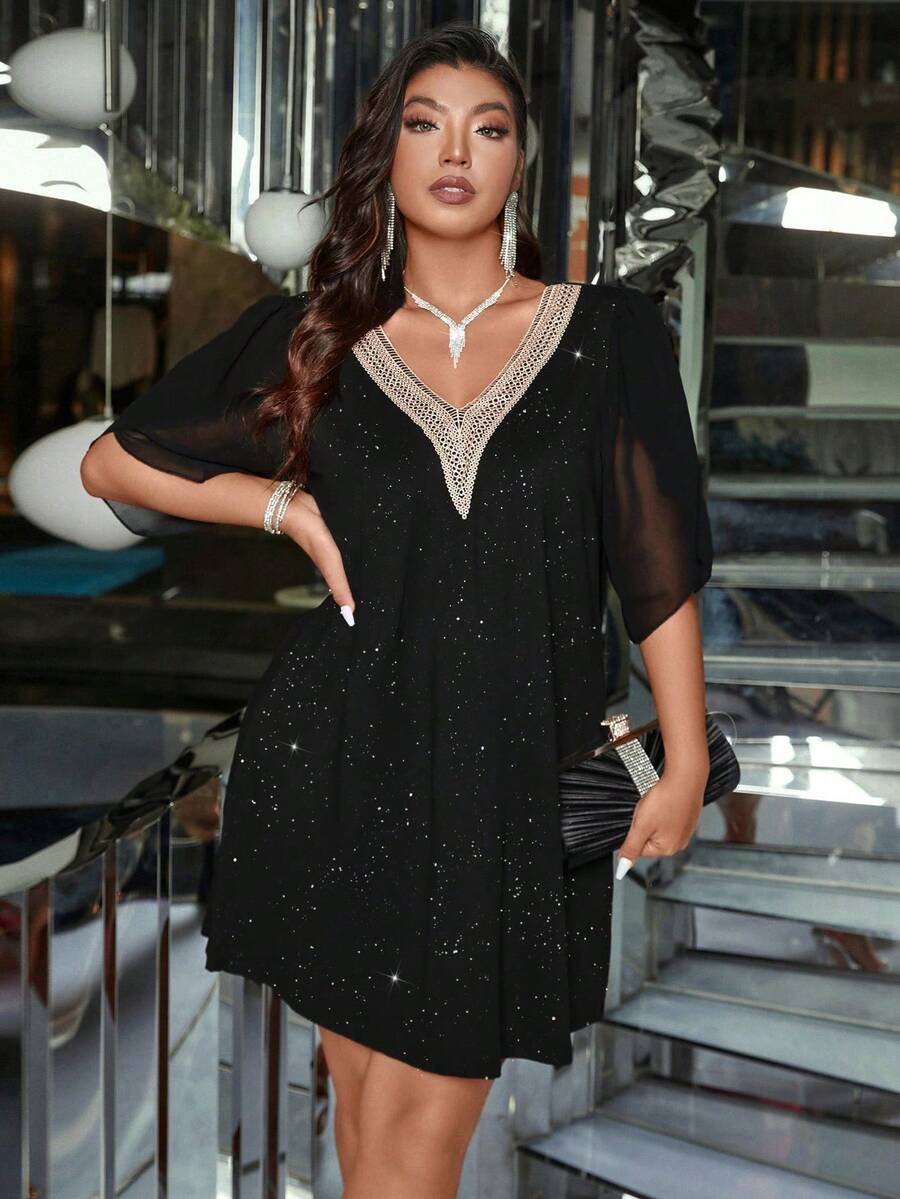 EARO Women's V-Neck Sequin & Mesh Contrast Elegant Dress - Black - View 1