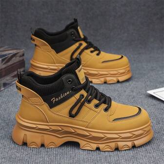 Men's Casual Sports Shoes, High-Top Thick-Sole Style, Layered Sole Design With Rugged Outdoor Vibe