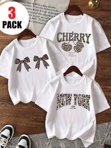 3件套女童休闲印花圆领短袖T恤，适合学生夏季穿着 - 豹纹、樱桃、蝴蝶结彩色T恤，为每个孩子带来欢乐！女童图案T恤，夏季上衣，青少年服装