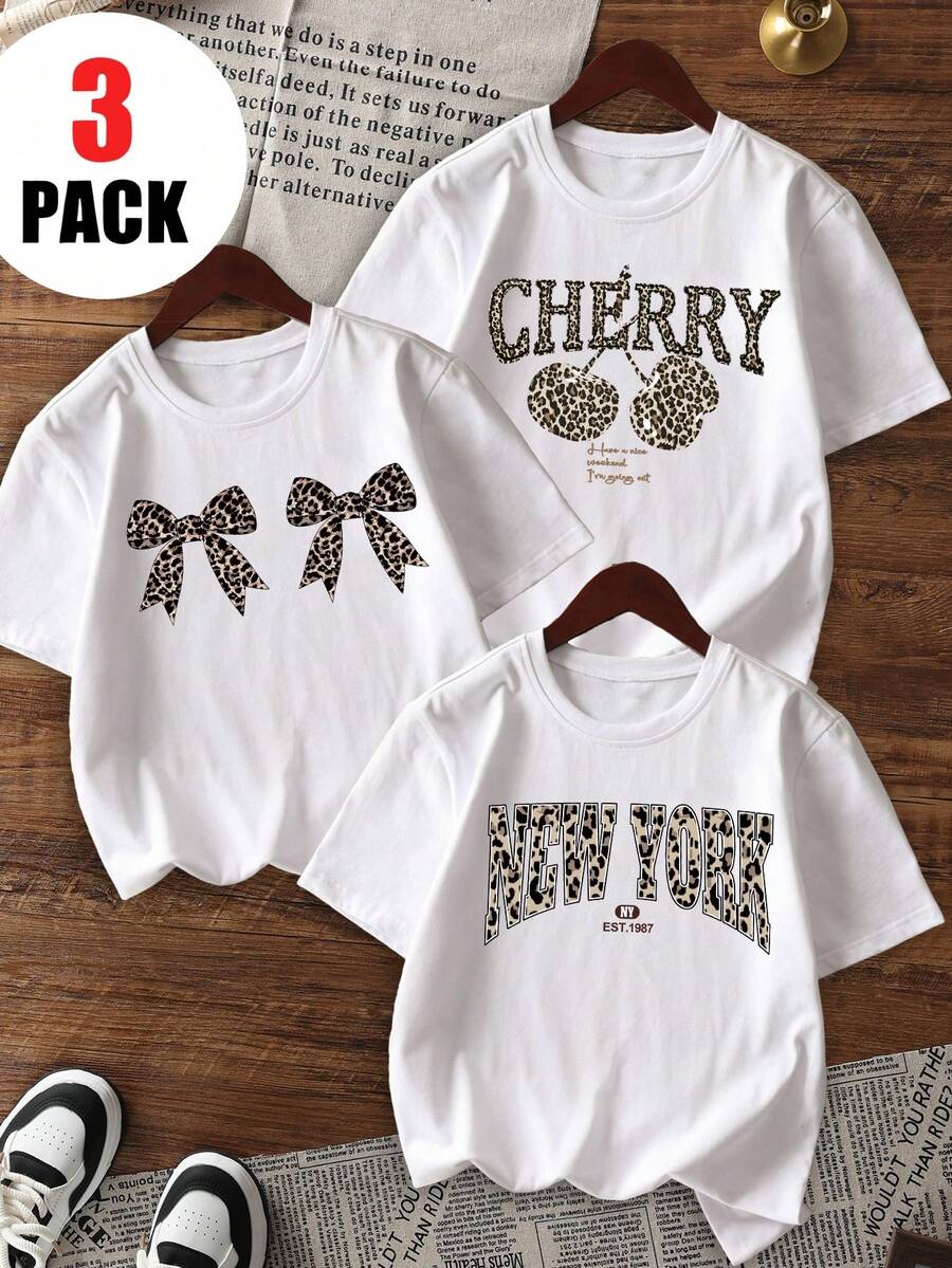 3件套女童休闲印花圆领短袖T恤，适合学生夏季穿着 - 豹纹、樱桃、蝴蝶结彩色T恤，为每个孩子带来欢乐！女童图案T恤，夏季上衣，青少年服装