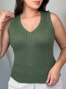 V-Neck Ribbed Knit Tank Top, Women's Basic Summer Fashion Blouse - Màu xanh lá cây đậm - Xem 1