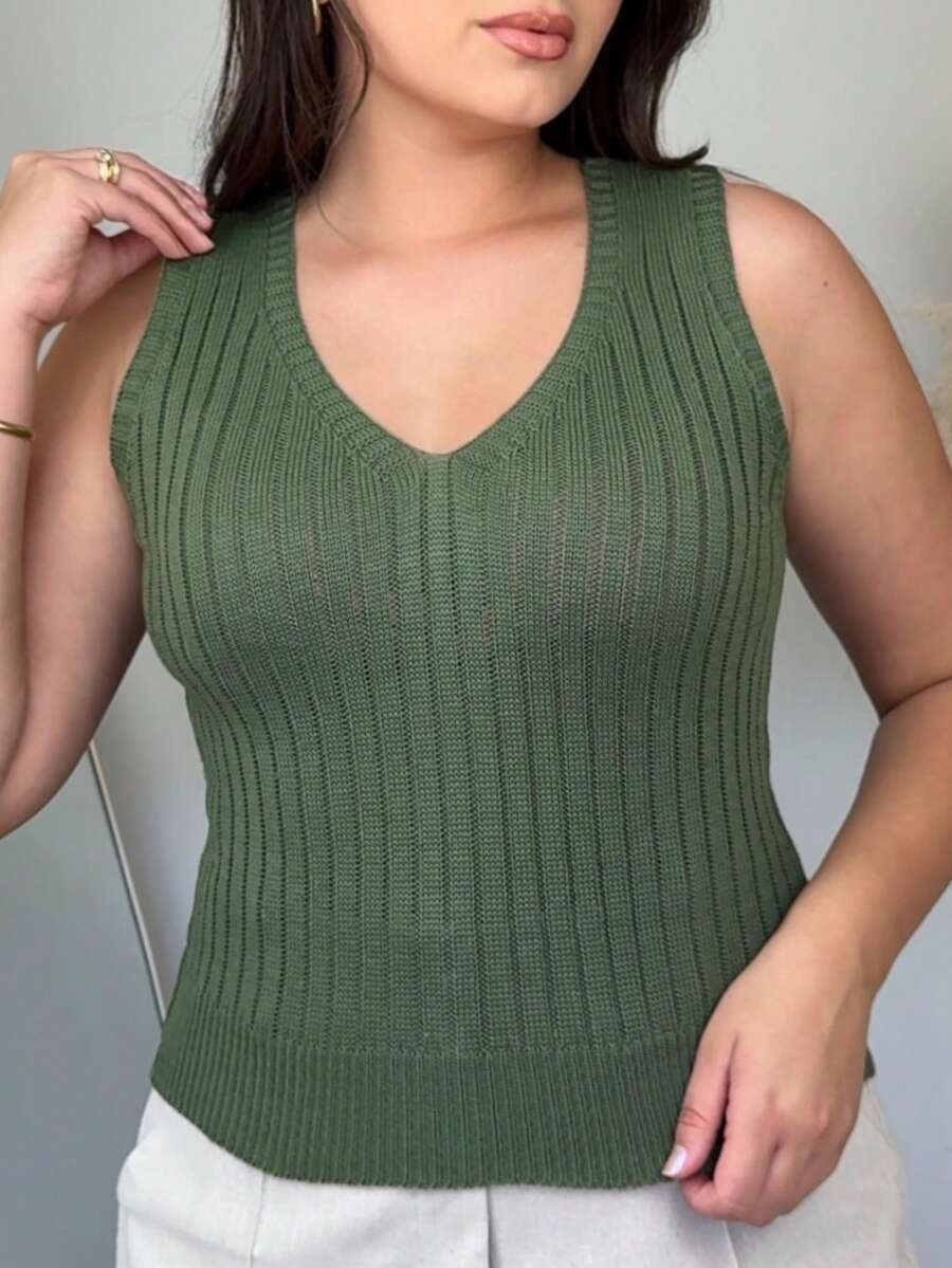 V-Neck Ribbed Knit Tank Top, Women's Basic Summer Fashion Blouse - Màu xanh lá cây đậm - Xem 1