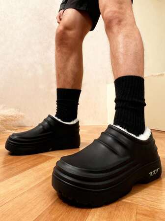 Soft Sole Thermal Lined Solid Color Thick Bottom Casual Fashion Flat Shoes, Work Shoes, Suitable For Kitchen Work, Gardening In Winter, Can Be Worn As Outdoor Thermal Lined Shoes