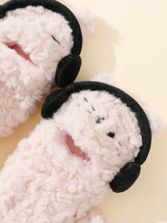 1双女士露指猫咪卡通可爱加厚保暖手套，带翻盖，秋冬季