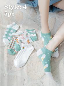 5 piezas Nuevos calcetines cortos de mujer estilo INS 2026, calcetines cortos versátiles con estampados de rayas, frutas, flores, abejas, ciervos, helados, calcetines cortos de unicolor a rayas, accesorios de moda cómodos y casuales - Multicolor - Ver 15