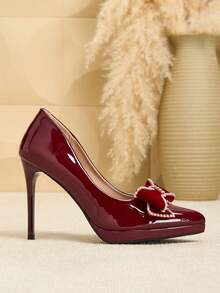 SVRM Women's High Heel Pointed Toe Platform Glossy Patent Leather Bow Rhinestone Decor Fashion Pumps, Elegant & Sexy For Workplace,Burgundy Heels - Burgundy - View 4