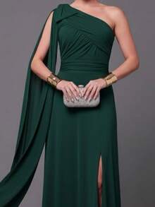 Bridesmaid Dress For Party Guests Reception Graduation Without Shine Cape Sleeve In Fluity - Emerald Green - View 3