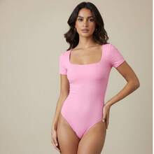 Women's Short-Sleeved Square Bodysuit With Square Cutout - Casual - 粉色 - 查看 2