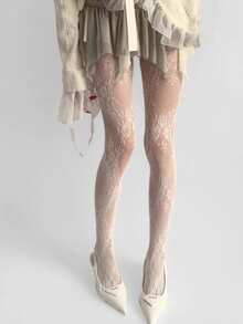 A Sexy Lace Mesh Pantyhose Retro Hollow Floral Jacquard Stockings, Women's Jacquard High Stretch European And American Style Legging - Multicolor - View 4