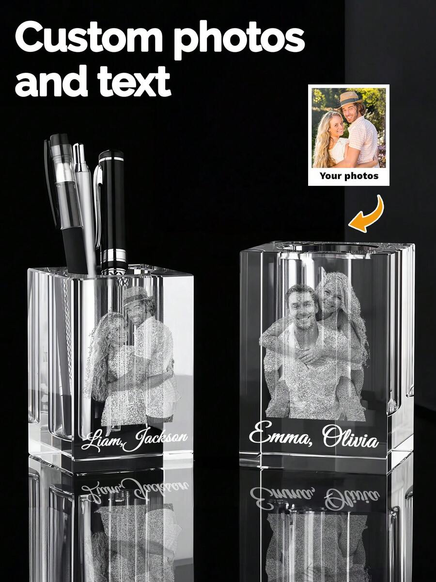 1pc Custom 3D Engraved Rectangle Crystal Pen & Pencil Holder - Thick Crystal Clear Desk Organizer With Couple Photo And Text,Crystal Glass 3d,Wedding Pictures Crystal Pen & Pencil Holder,Laser Engraved Picture Crystal,Anniversary Gift,Personalized Gifts,Customized Christmas Gifts,Christmas - Multicolor - View 1