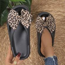 Leopard Print Bow Flip-Flops, Women's Slippers, Thick-Soled Non-Slip Toe-Post, Stylish & Versatile, New Summer Style For Seaside, Beach & Home Use - màu đen - Xem 1