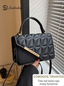 Bolso De Mano De Diseño De Cuadros Exquisito Y Elegante Bolso Portátil Con Asa Superior Con Mini, Presionado Con Correa De Hombro Ajustable Y Cubierta De Material De Cambio De Pu, acolchado con solapa irregular de PU para adolescentes, Perfecto Para Mujeres En Movimiento, Compras, Citas, Fiestas Y Como Regalo,  mujeres, estudiantes universitarias, novatos y trabajadores de cuello blanco, perfecto para la oficina, la universidad, el trabajo, los negocios, los desplazamientos, al aire libre, los viajes, las excursiones - Negro - Ver 2