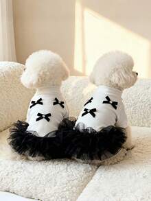 1pc Autumn/Winter Undershirt & Tulle Skirt, Long Sleeve Princess Tulle Skirt, Comfortable Versatile Undershirt, Bow Decor, Suitable For Pomeranian, Chihuahua, Maltese, Teddy And Other Small/Medium Cats And Dogs For Daily Wear And Parties